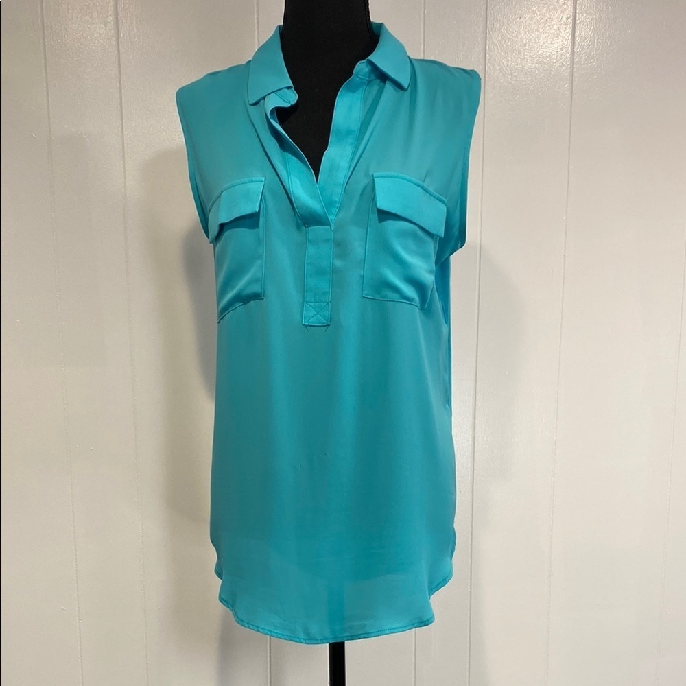 LOFT Blouse V-Neck Sleeveless Mixed Media Turquoise Blue Green Size Large